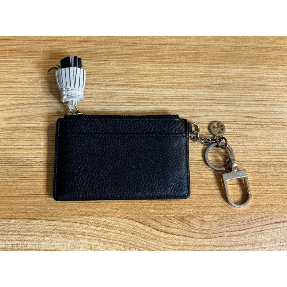 Tory Burch Monogram Card Coin Purse Black Leather W/ 